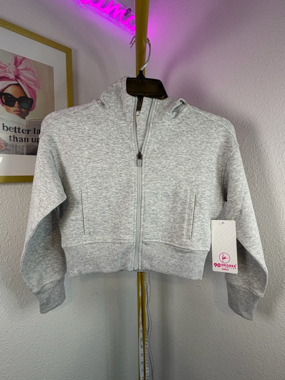 90 Degree by Reflex Girls Light Gray Zip-Up Cropped Hoodie Small 7-8